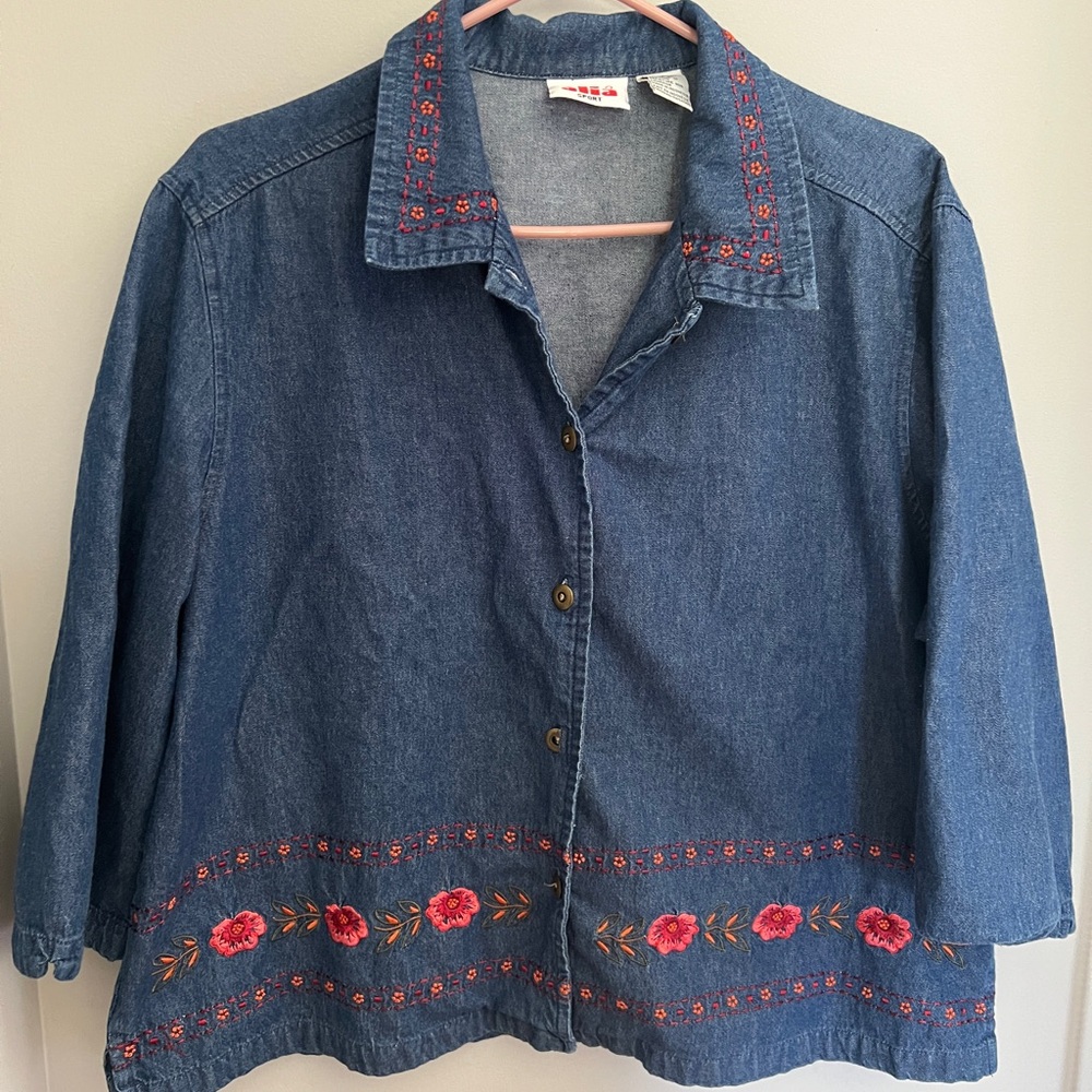 Alia Vintage Blue Denim Top with Red Floral Embroidery L